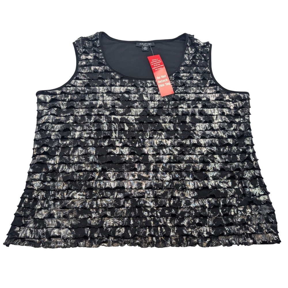 NWT Perceptions Woman Tank Top Women 14W Black Metallic Ruffle Tiered Scoop Neck